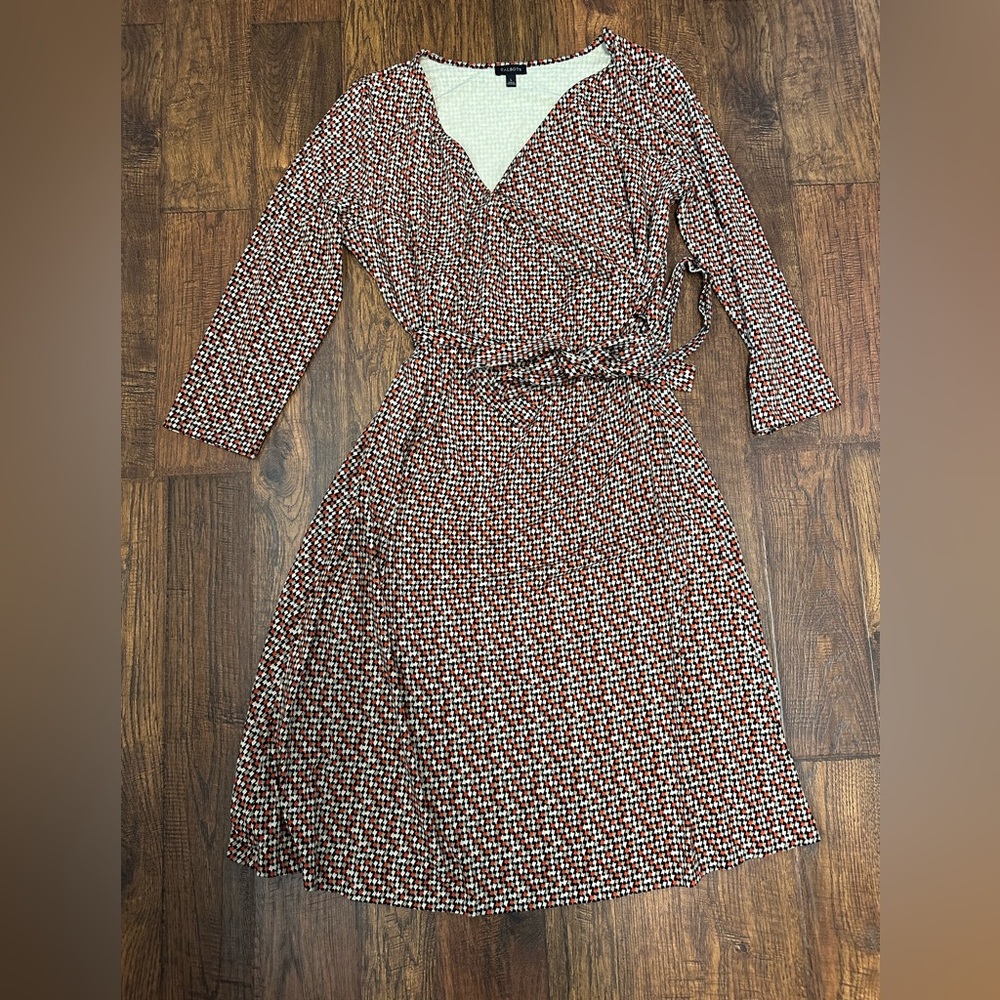Talbots Faux Wrap Dress Brown Cream Orange Size L- EUC
